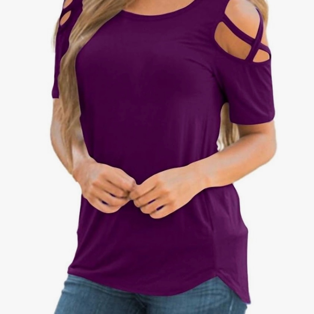 iDWZA PURPLE SHORT SLEEVE COLD SHOULDER BLOUSE